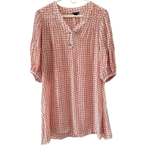 Club Monaco 100% Silk Tunic Blouse Top Sheer 3/4 Sleeve Red Cream Circles 8 - Picture 1 of 8